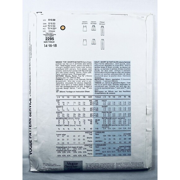 Vogue 2295 Designer Robert Burton Sewing Pattern Top Shorts Pants Sz 14-18 UNCUT - Picture 2 of 2